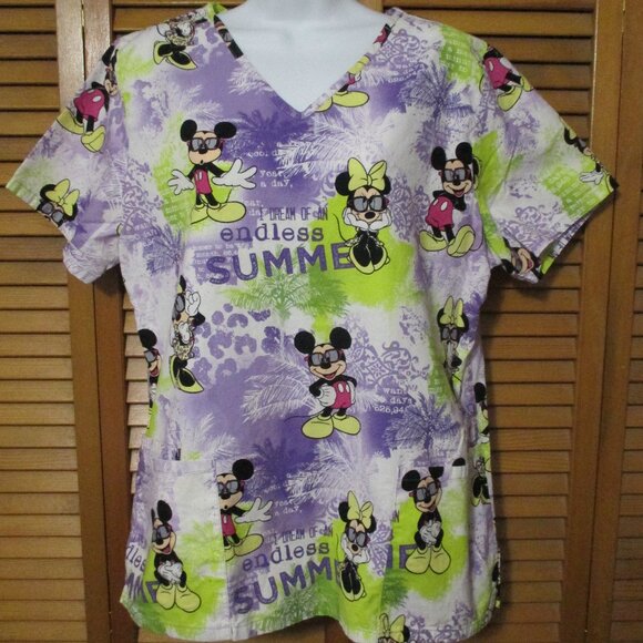 Disney scrub top Mickey & Minnie Mouse, cotton, pockets, V neck size M - Picture 1 of 7